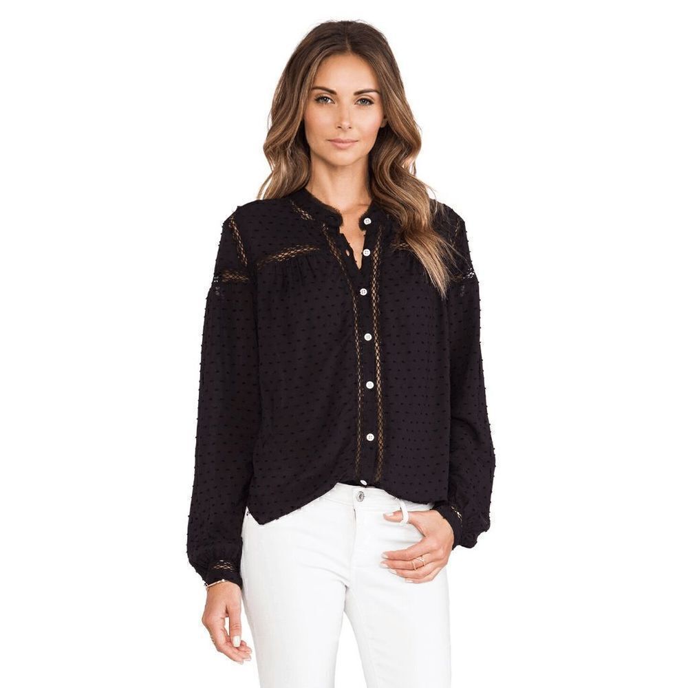 Free People Women's Everyday Every Girl Top Black Button Blouse Size Small‎